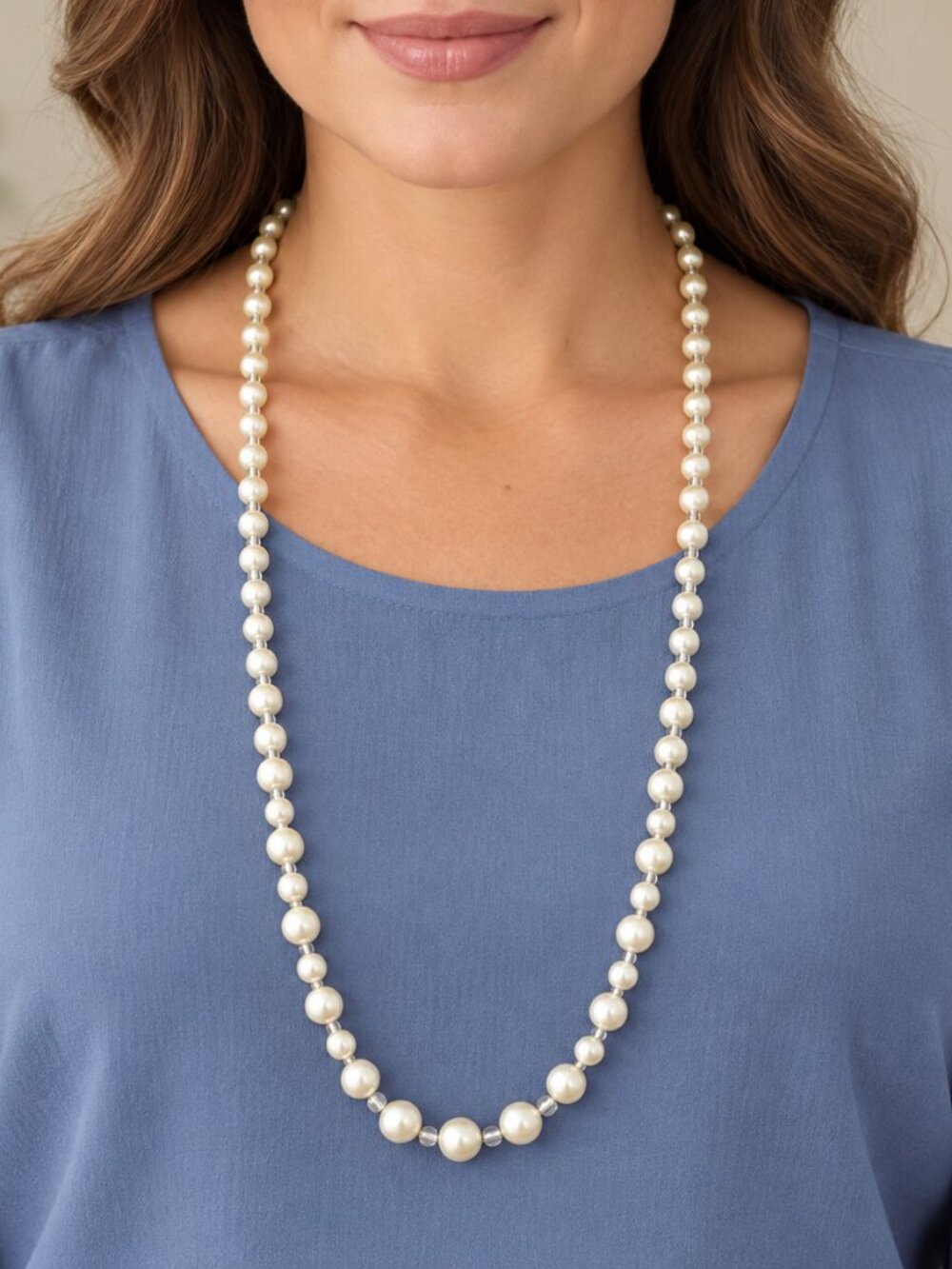 Vintage Faux Pearl Graduated Bead Necklace 28in Long Bridal Classic Cream